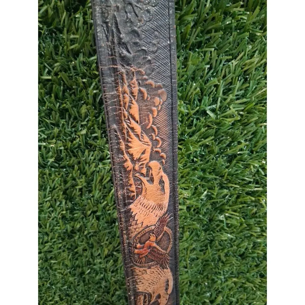 Vintage Tooled Leather Belt American Bald Eagle Mountain Scene Western Sz 42 44